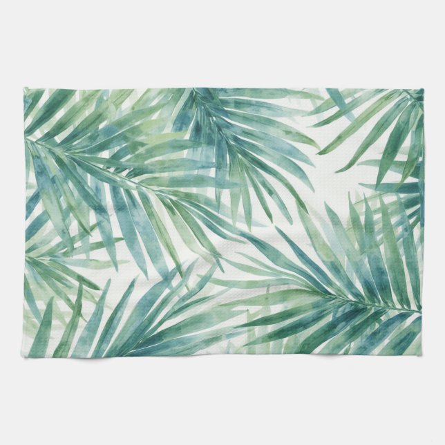 Teal Palm Leaves Tea Towel (Horizontal)