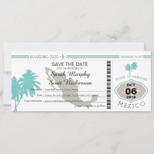Teal Palm Tree Save the Date Boarding Pass