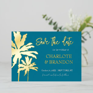 Teal Palm Trees Beach Wedding Save The Date Gold