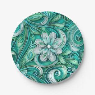 Teal paper flower seamless pattern  plate