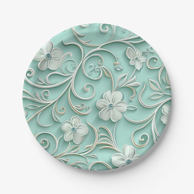 Teal paper flower seamless pattern  plate (Front)