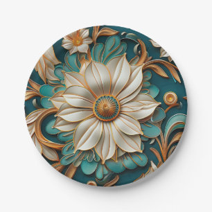 Teal paper flower seamless pattern plate