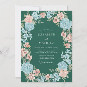 Teal Pastel Watercolor Floral Wedding Invitation