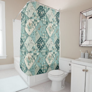 Teal Patchwork Quilt Rustic Floral Retro Shower Curtain