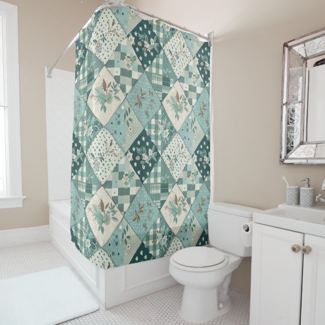 Teal Patchwork Quilt Rustic Floral Retro  Shower Curtain (In Situ)
