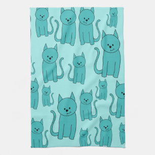 Teal Pattern of Cute Cats. Tea Towel