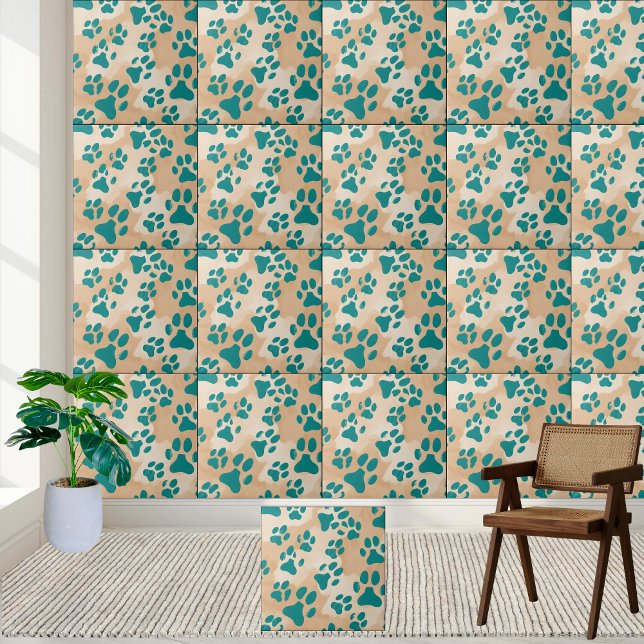 Teal Paw Print Pattern Tile (Teal Paw Print Pattern Tile)