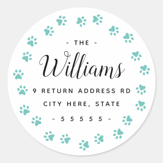 Teal paw prints return address labels (Front)