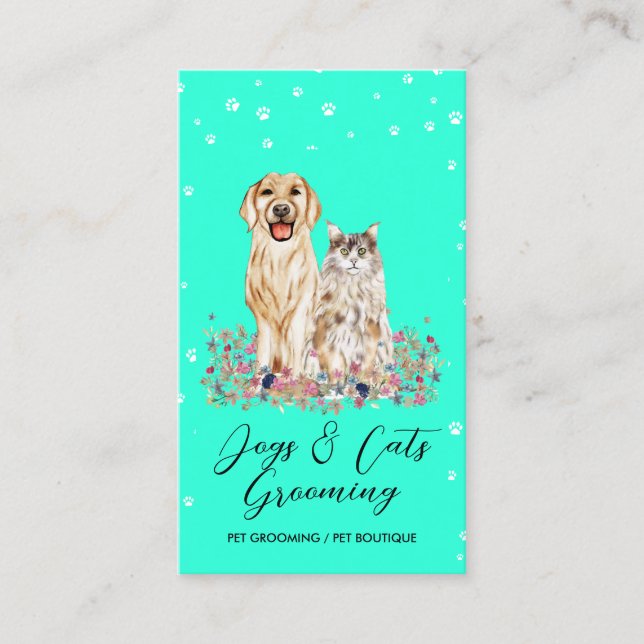 Teal Paws Watercolor Dogs Cats Pet Sitter Business Card (Front)