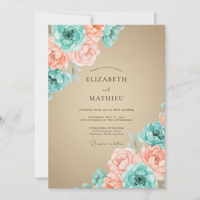 Teal Peach Artistic Bloom Wedding Invitation (Front)