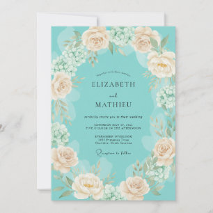 Teal Peach Blossom Romance Wedding Invitation
