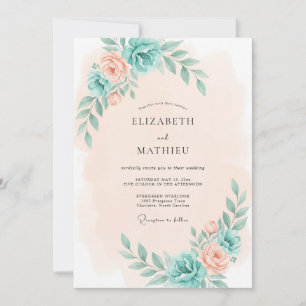Teal Peach Botanical Romance Wedding Invitation