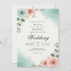Teal Peach Floral Watercolor Wedding Invitation