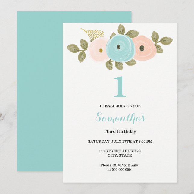 Teal Peach Flower Girl or boy 1st Birthday Party Invitation (Front/Back)