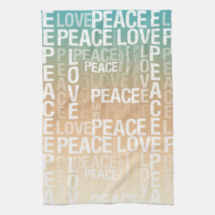 Teal Peach Gold White Peace Love Tea Towel