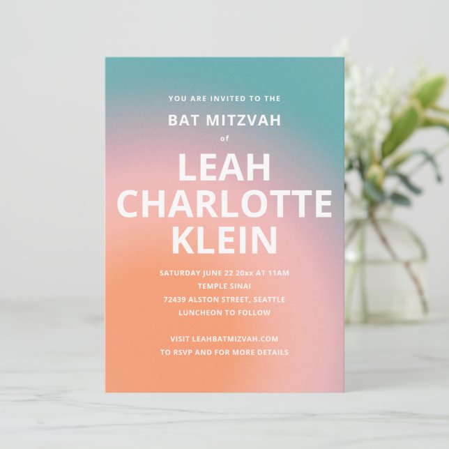 Teal Peach Ombre Gradient Bat Mitzvah Bold Name Invitation (Standing Front)