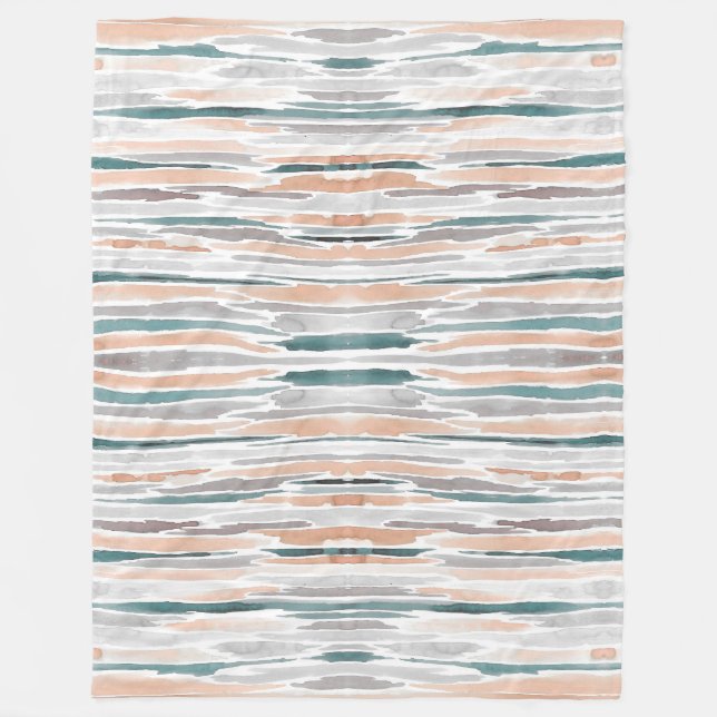 Teal Peach Pale Grey Watercolor Wash Stripes Fleece Blanket (Front)