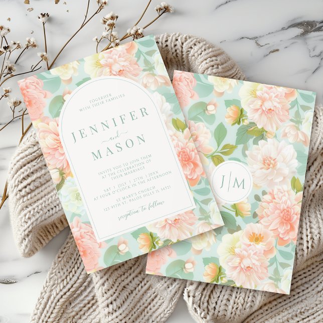 Teal Peach Pink Floral Classic Wedding Invitation (Creator Uploaded)