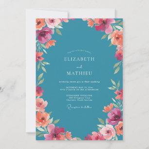Teal Peach Ranunculus Eucalyptus Wedding Invitation