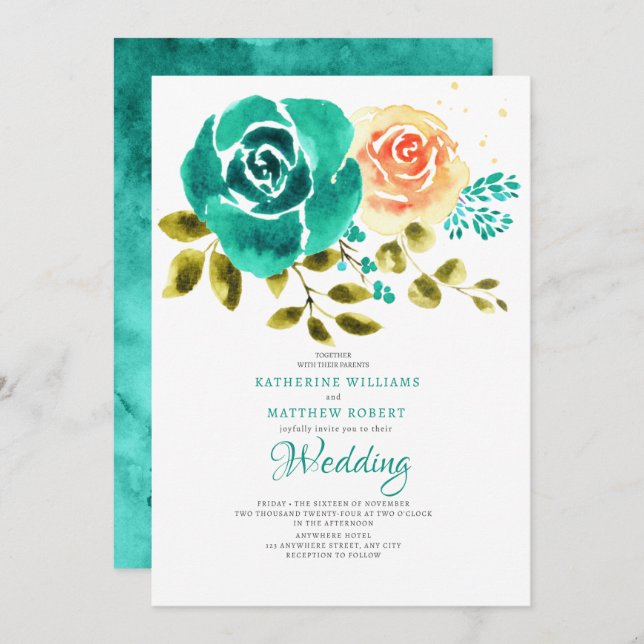 Teal Peach  Roses Floral Wedding  Invitation (Front/Back)