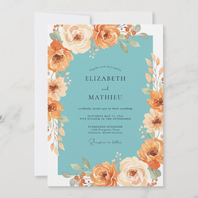 Teal Peachy Floral Flourish Wedding Invitation (Front)