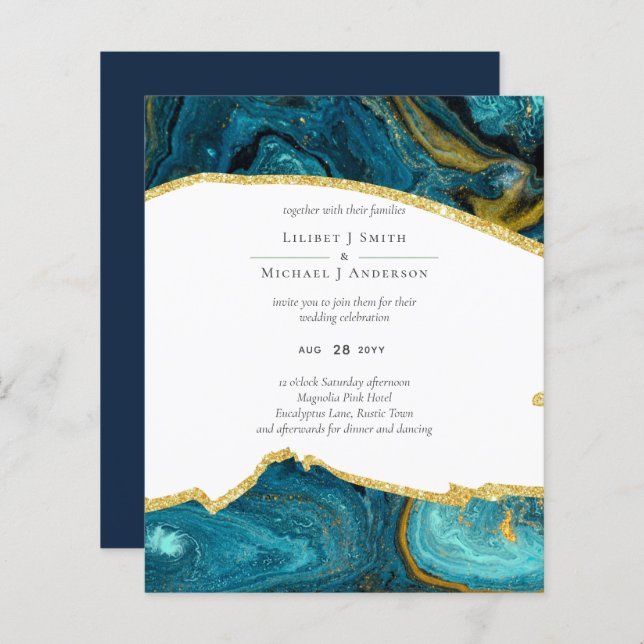 Teal Peacock Blue Gold Agate Wedding (Front/Back)