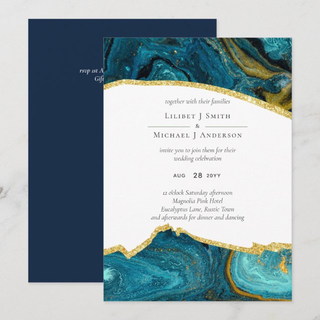 Teal Peacock Blue Gold Agate Wedding (Front/Back)