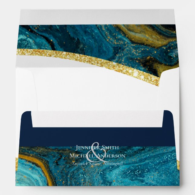 Teal Peacock Blue Gold Agate Wedding Envelope (Back (Bottom))