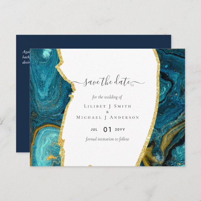 Teal Peacock Blue Gold Agate Wedding Postcard (Front/Back)