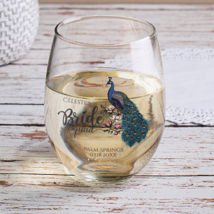 Teal Peacock Bride Squad Bachelorette Party  Stemless Wine Glass
