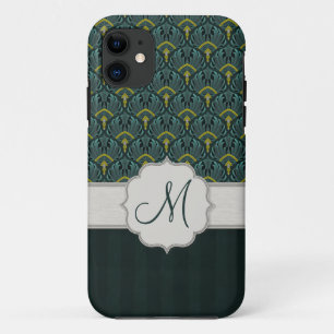 Teal Peacock Fans and Stripes with Monogram Case-Mate iPhone Case