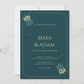 Teal Peacock Feather Art Nouveau Wedding Invitation