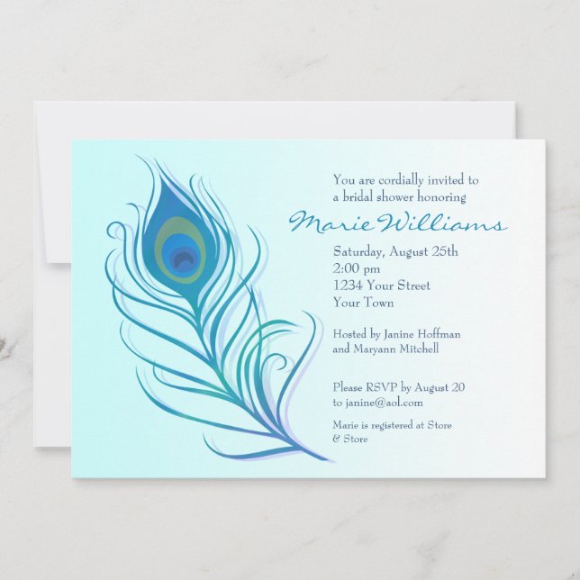 Teal Peacock Feather Bridal Shower Invitation (Front)