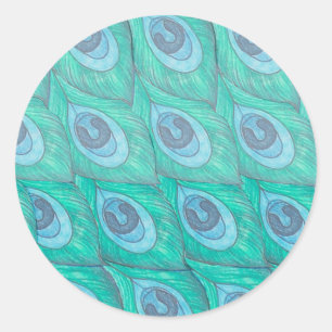 Teal Peacock Feather Pattern Design Classic Round Sticker