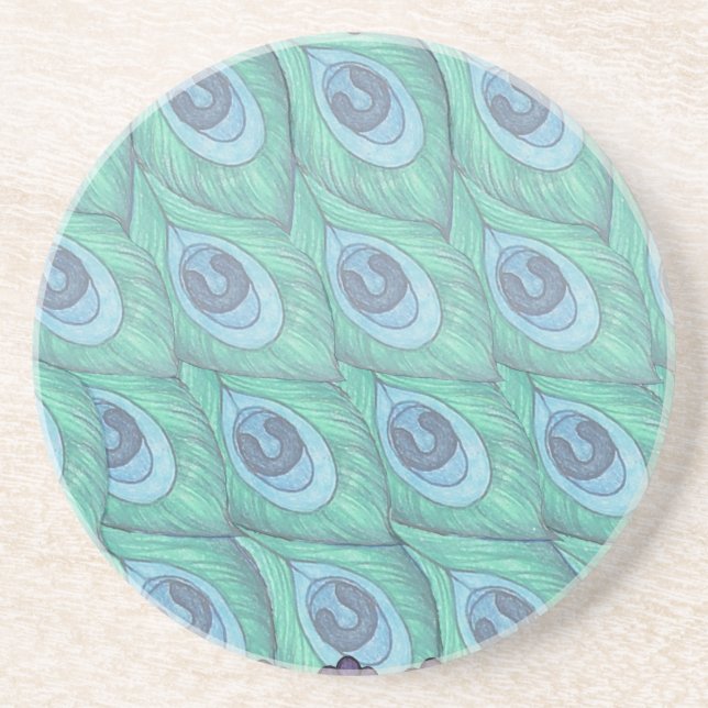 Teal Peacock Feather Pattern Design Coaster (Front)