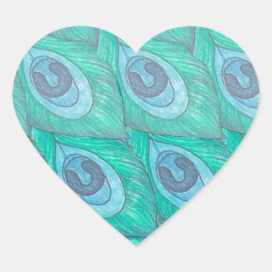 Teal Peacock Feather Pattern Design Heart Sticker