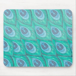 Teal Peacock Feather Pattern Design Mouse Pad