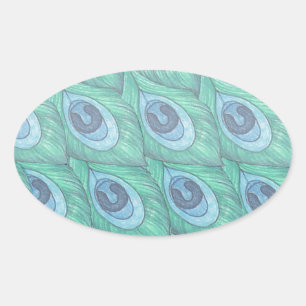 Teal Peacock Feather Pattern Design Oval Sticker