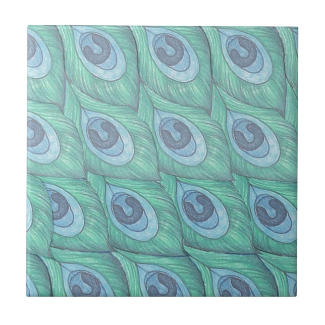 Teal Peacock Feather Pattern Design Tile (Front)