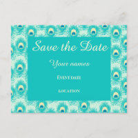 Teal peacock feather save the date