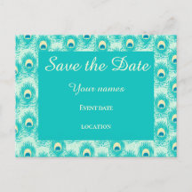 Teal  peacock feather save the date 