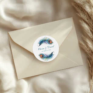 Teal Peacock Feather Wedding Classic Round Sticker