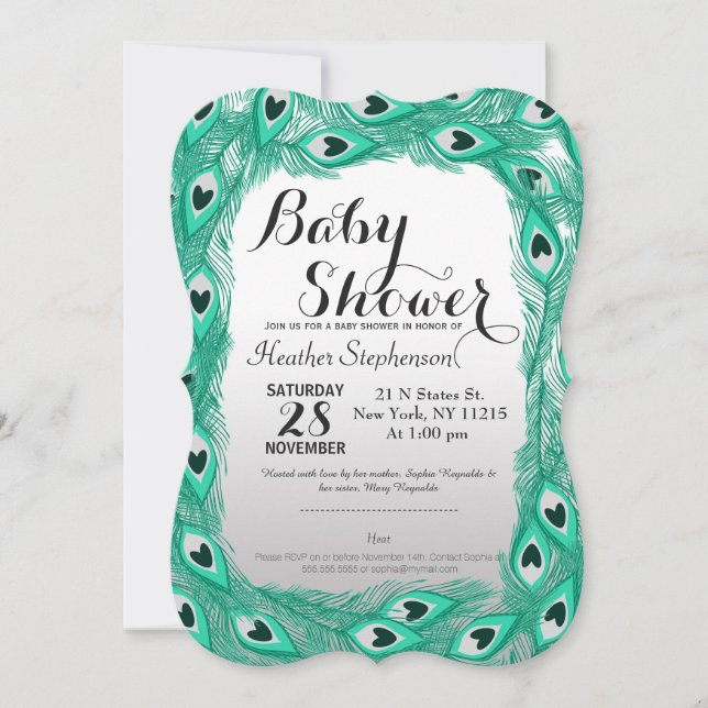 Teal Peacock Feathers on White to Grey Gradient Invitation (Front)