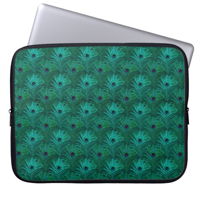 Teal Peacock Feathers Pattern  Laptop Sleeve (Front)