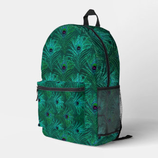 Teal Peacock Feathers Pattern Printed Backpack