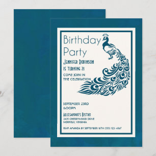 Teal Peacock l Chic Stylish Design Birthday Invitation