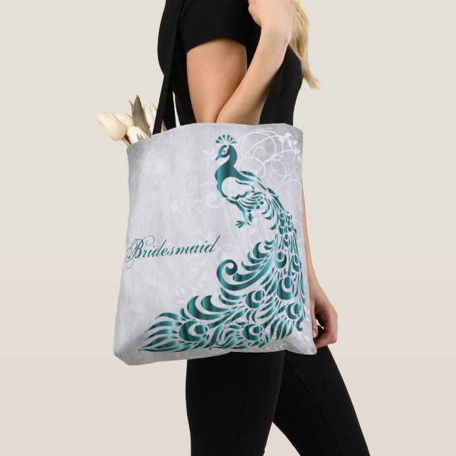 Teal Peacock Leaf Vine Bridesmaid Tote Bag (Close Up)