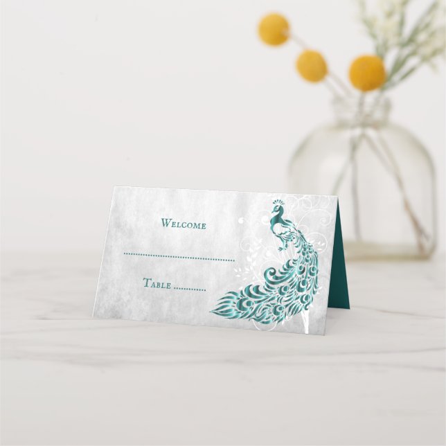 Teal Peacock Leaf Vine Reception Place Card (Front)