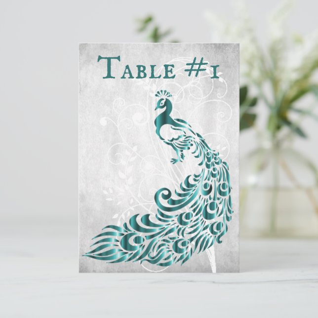 Teal Peacock Leaf Vine Table Card (Standing Front)