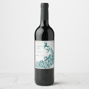 Teal Peacock Leaf Vine Wedding Wine Label
